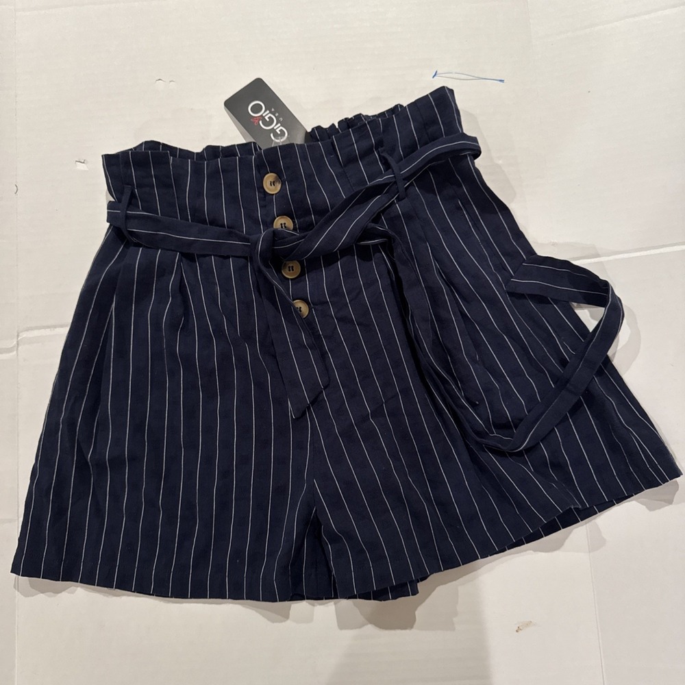 GIGIO Paperbag SHORTS Size Large Navy White Stripe Button Fly  NWT